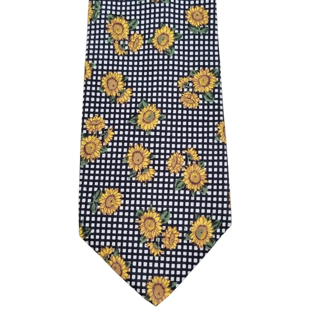 Brooks Brothers Sunflower Neck Tie Mens Black White Gingham Check 100% Cotton